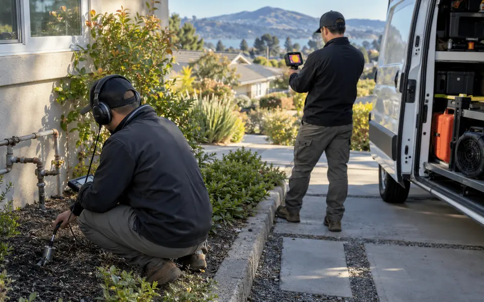 Leak Detection Newark technician crew with acoustic listening and thermal imaging gear serving the Tri-City area