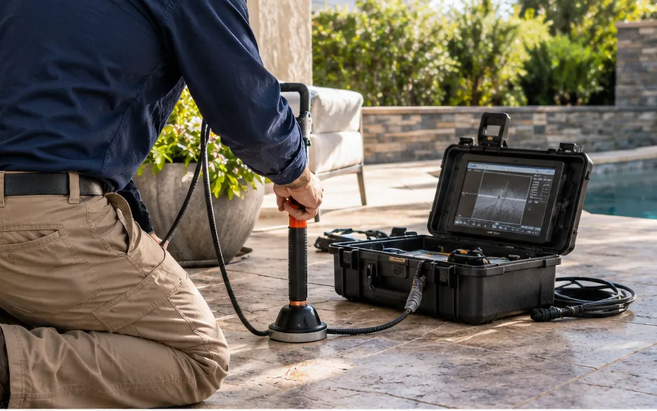 Leak detection Newark CA technician pinpointing a hidden leak with acoustic listening gear in a Newark home