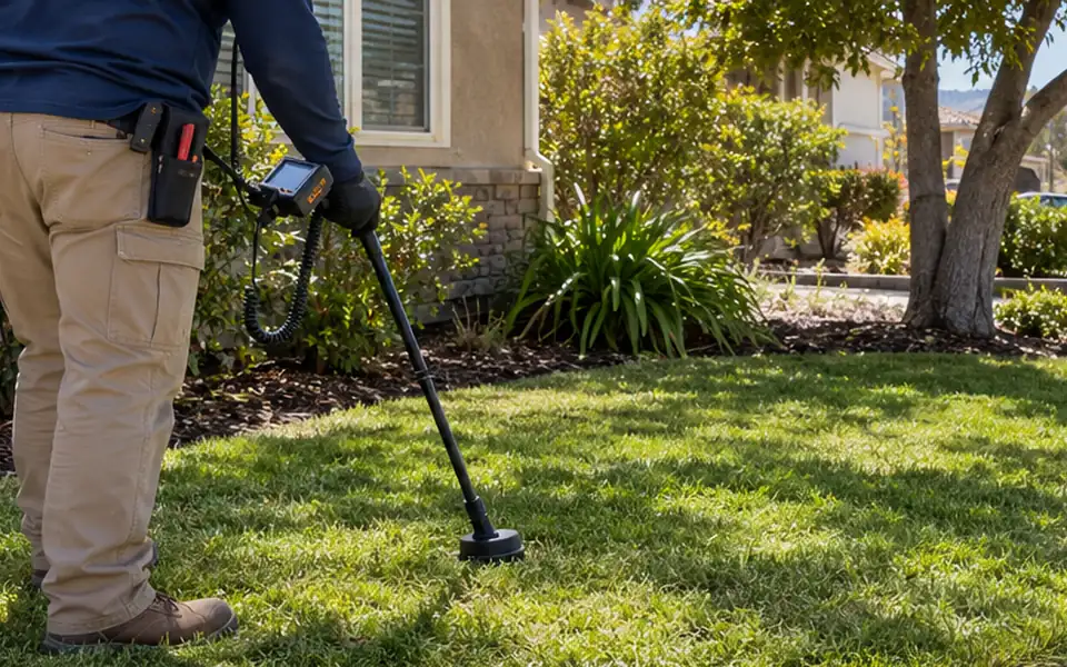Leak detection Alvarado Union City technician tracing a yard line on a residential lot
