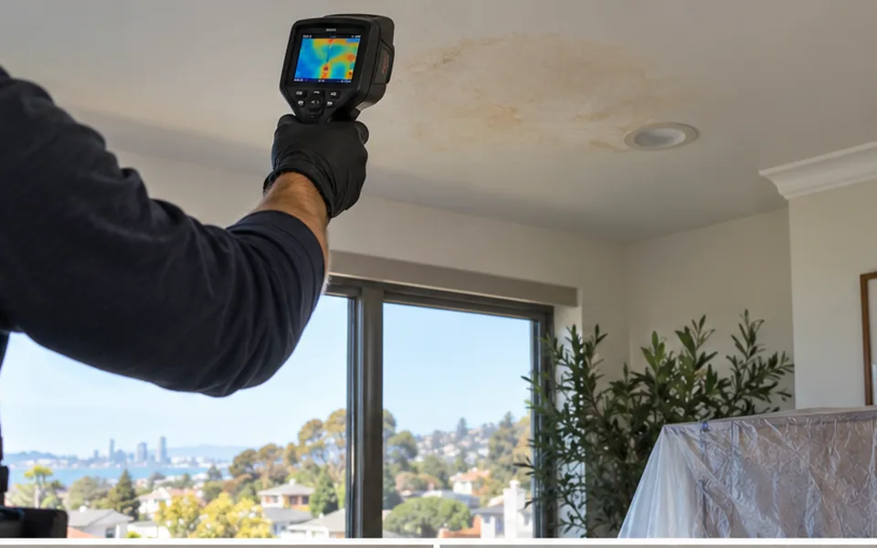 Leak detection Bayside Newark Newark technician checking a ceiling stain in a newer townhome
