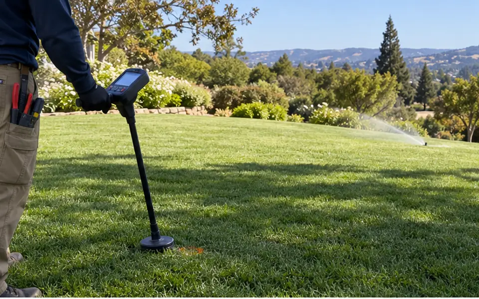 Leak detection Birch Grove Newark technician testing a sprinkler line on a large lawn