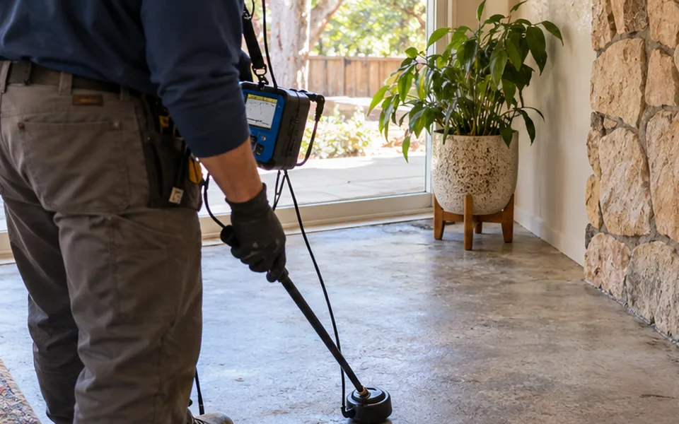Leak detection Centerville Fremont technician listening for a slab leak in a 1950s home