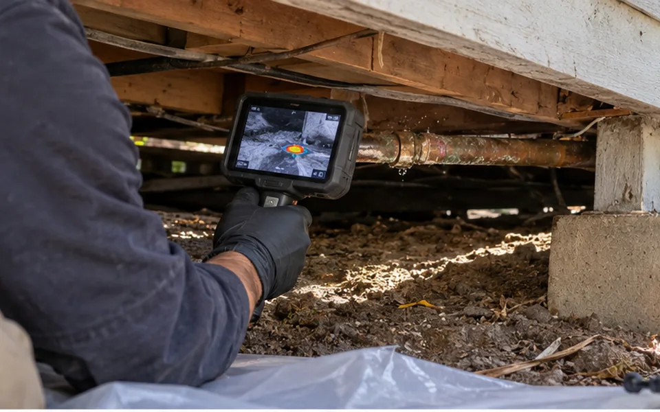 Leak detection Hayward CA technician inspecting a crawlspace pipe under an older home