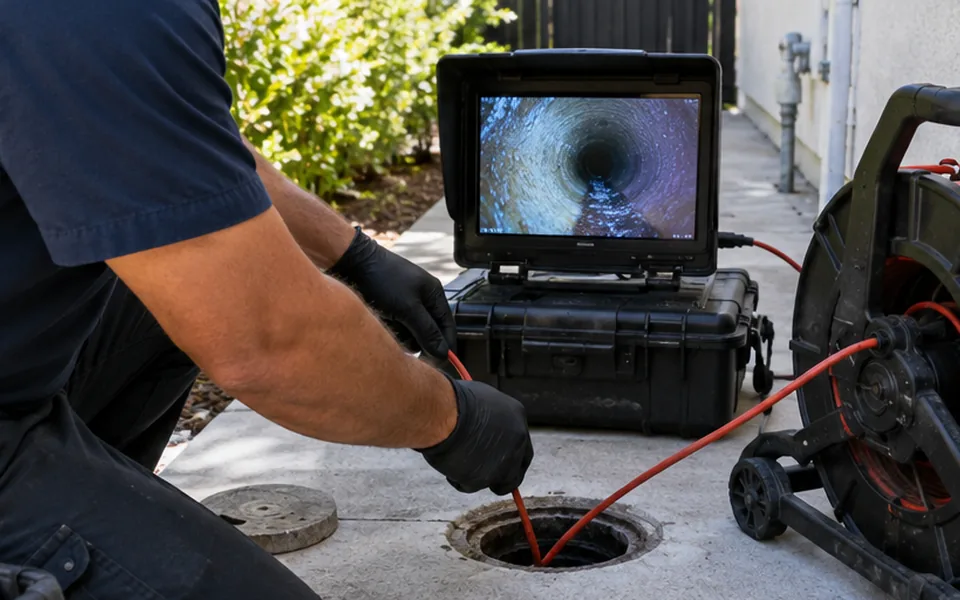 Leak detection Irvington Fremont technician running a camera through a drain line
