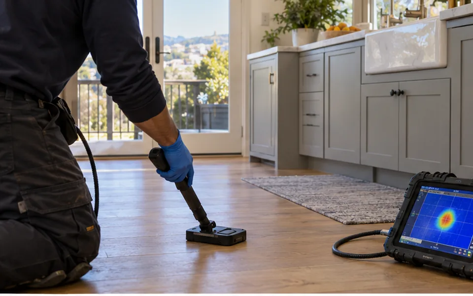 Leak detection Mayhews Landing Newark technician scanning a remodeled kitchen floor