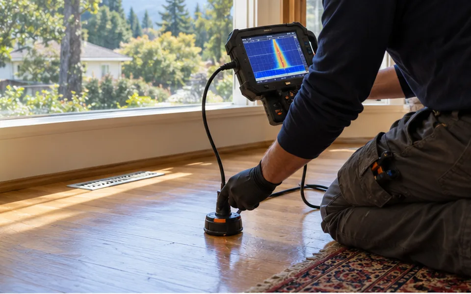 Leak detection Menlo Park CA technician scanning a floor in an older home near Willow Rd