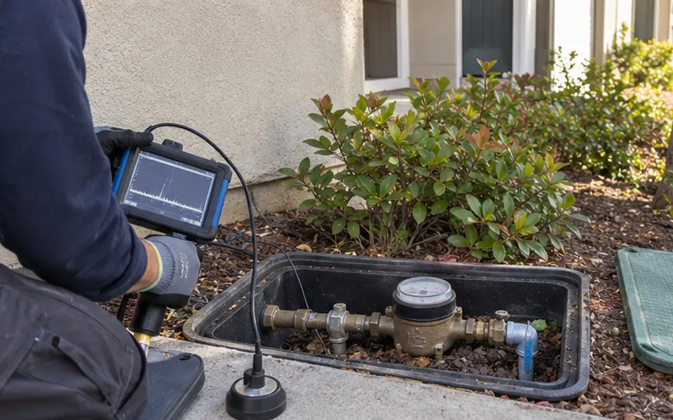 Leak detection Milpitas CA technician checking a water meter near a townhome