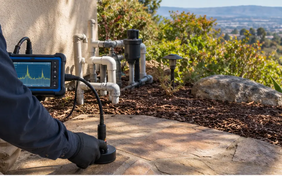 Leak detection Mission San Jose Fremont technician testing a pool line on a hillside property