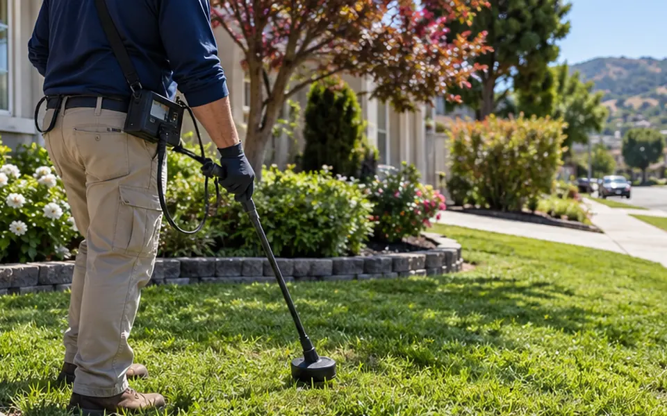 Leak detection Union City CA technician tracing a water line in a front yard near Alvarado Blvd