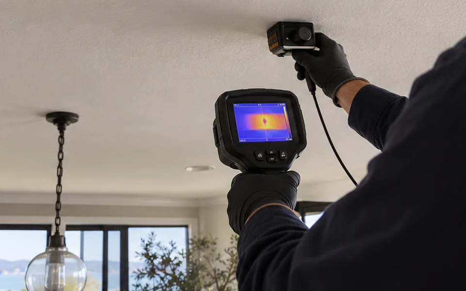 Ceiling leak detection Newark CA technician checking a stained ceiling with a moisture meter