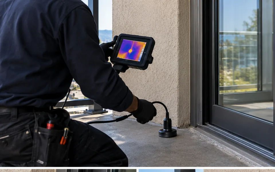 Condo leak detection Newark CA technician scanning a shared wall in a townhome