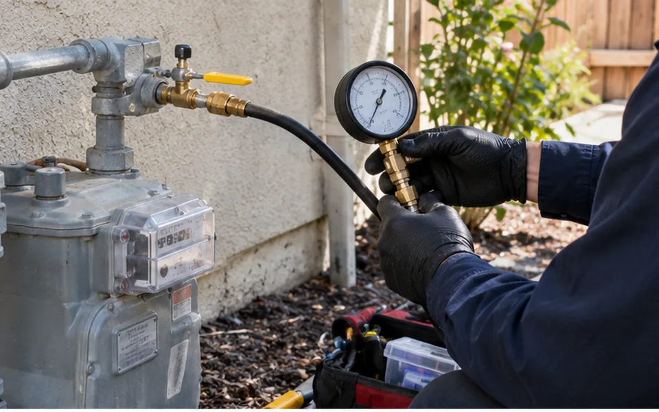 Gas line pressure test Newark CA technician attaching a test gauge to house gas piping