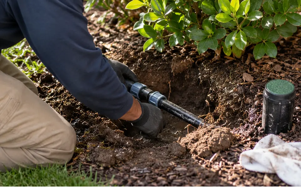 Sprinkler leak detection Newark CA technician testing a zone valve box in a front yard