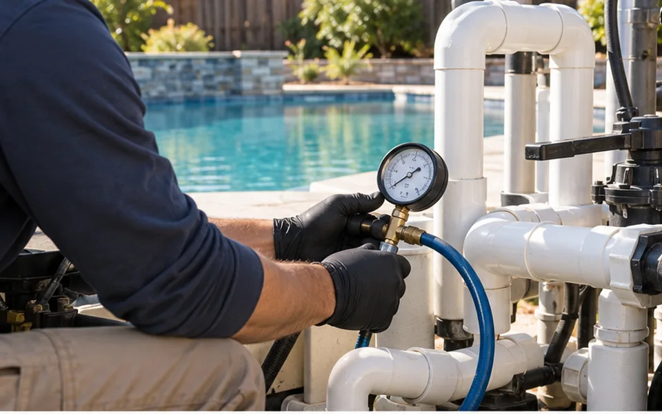 Pool leak detection Newark CA technician dye testing a pool skimmer