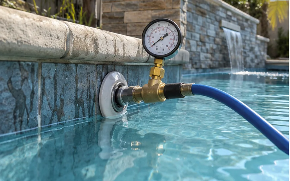 Pool Plumbing Pressure Testing in Newark — non-invasive acoustic and thermal leak pinpointing mark before opening