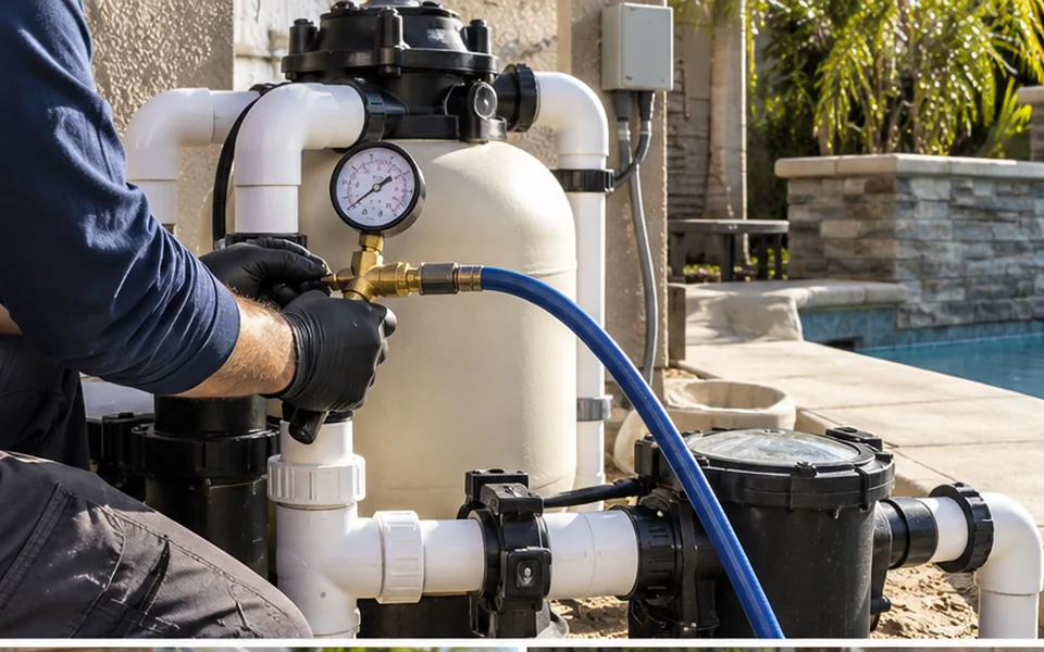 Pool plumbing pressure test Newark CA technician connecting a gauge to a pool line