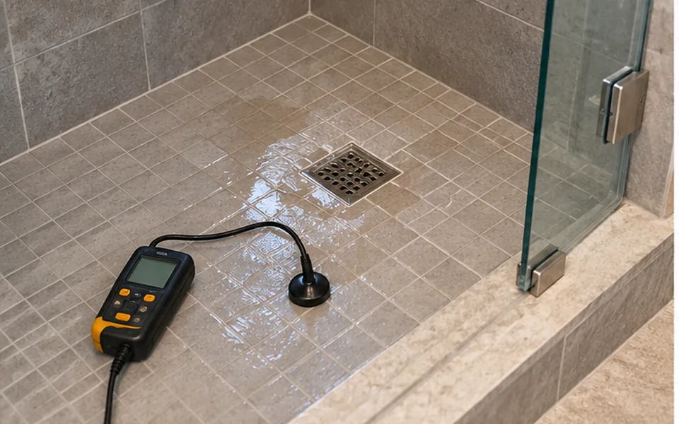 Shower Pan Leak Detection in Newark — non-invasive acoustic and thermal leak pinpointing mark before opening