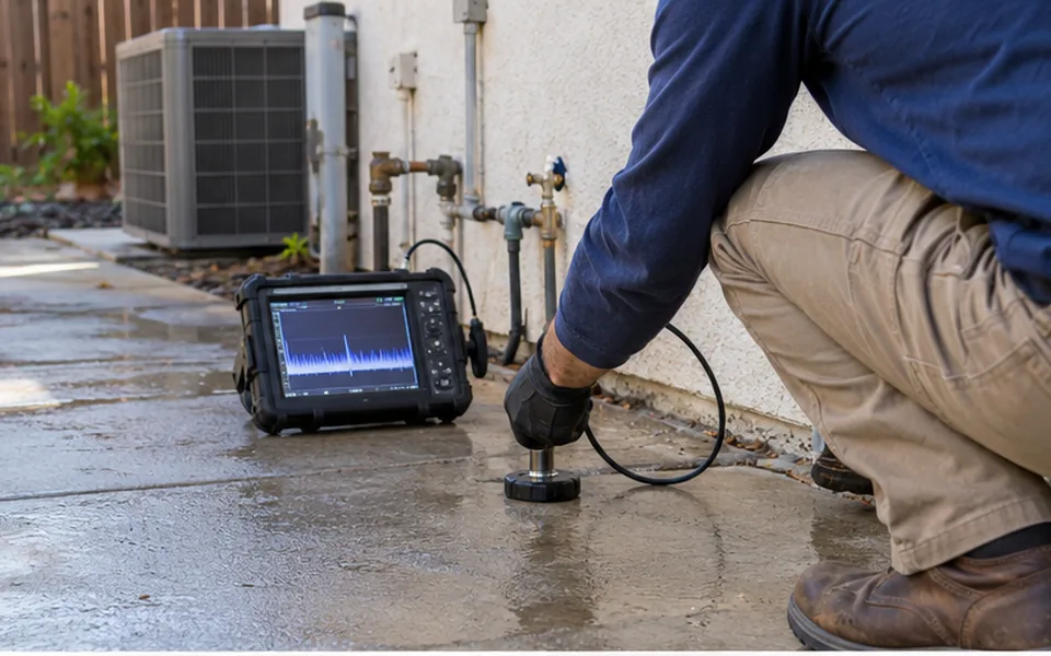 Slab leak detection Newark CA technician scanning a tile floor with a thermal camera