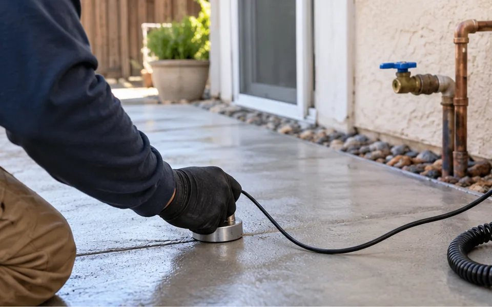 Slab leak repair Newark CA plumber repairing a copper line through a small floor opening