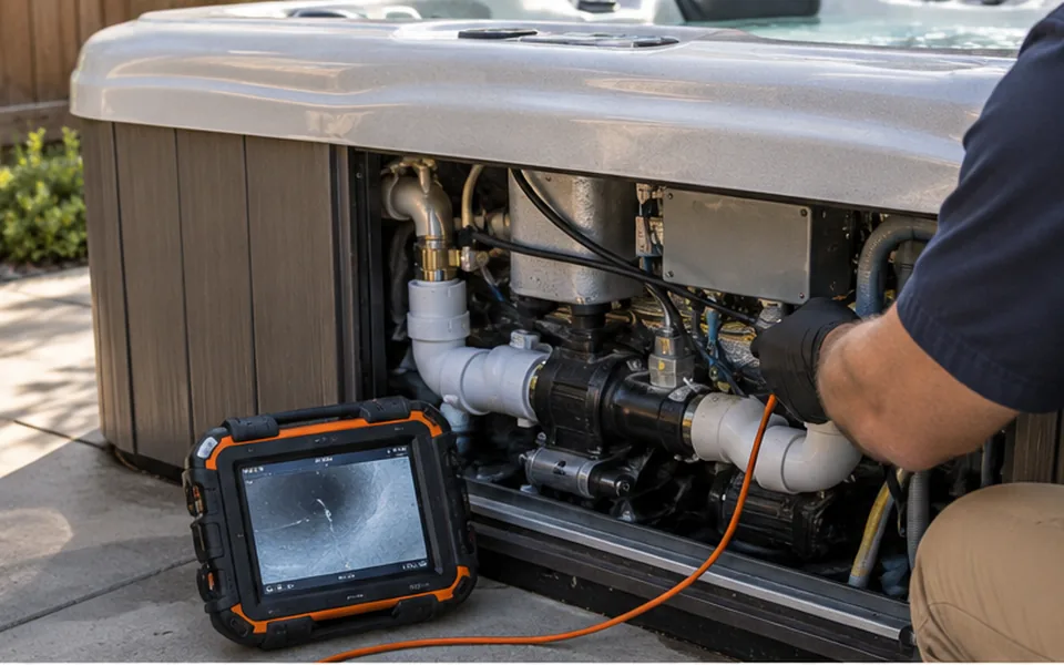 Spa leak detection Newark CA technician checking a hot tub pump and unions