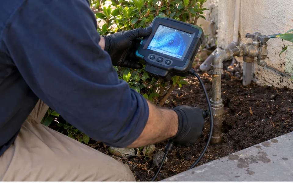 Water leak detection Newark CA technician listening for a leak with a ground microphone in a living room