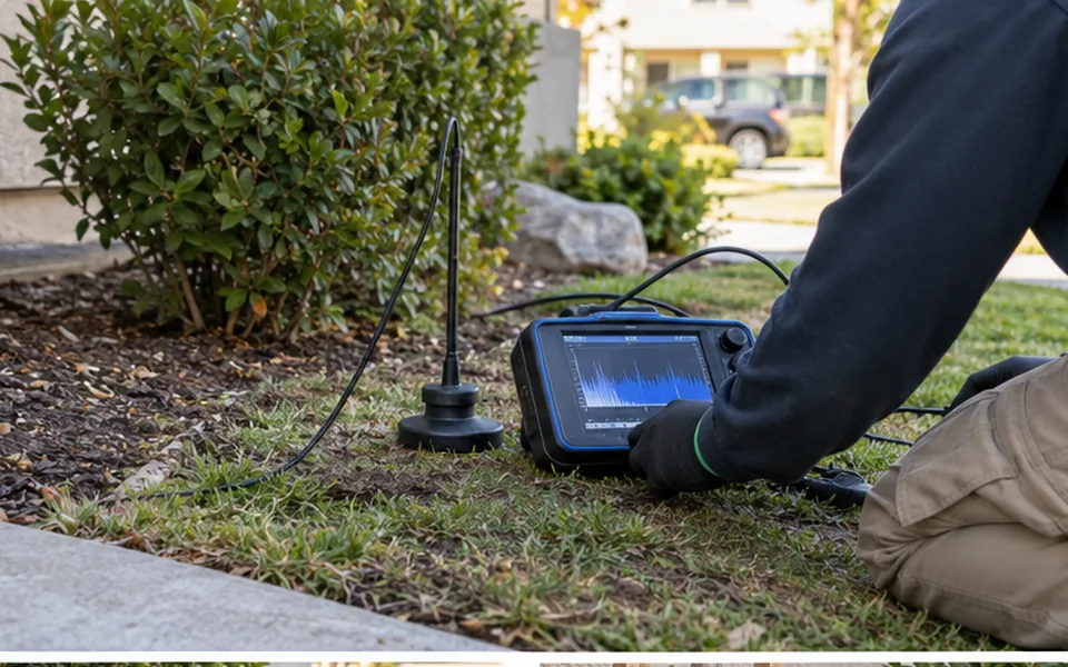 Water line leak detection Newark CA technician tracing a buried line in a front yard