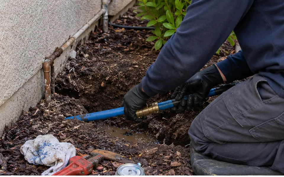 Water line repair Newark CA plumber repairing a buried service line in a front yard